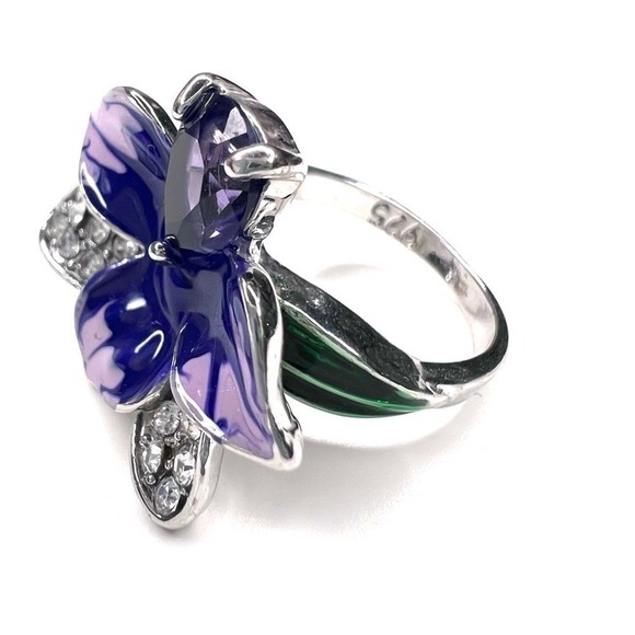 Sterling Silver Purple Orchid Flower Ring Enamel Rhinestone  Statement - Picture 9 of 9